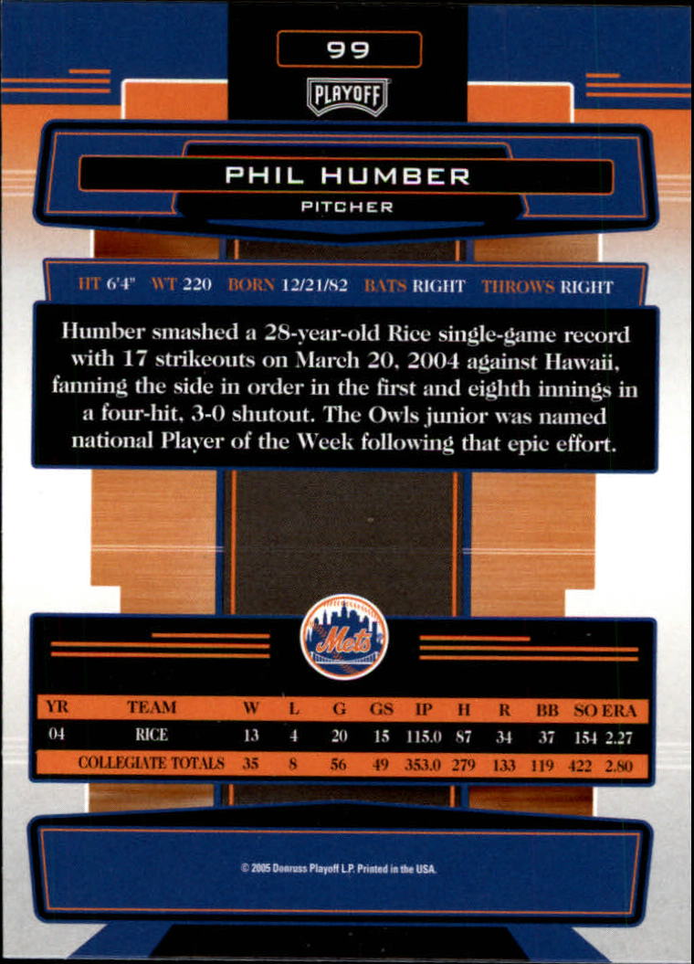2005 Absolute Memorabilia #99 Phil Humber RC back image