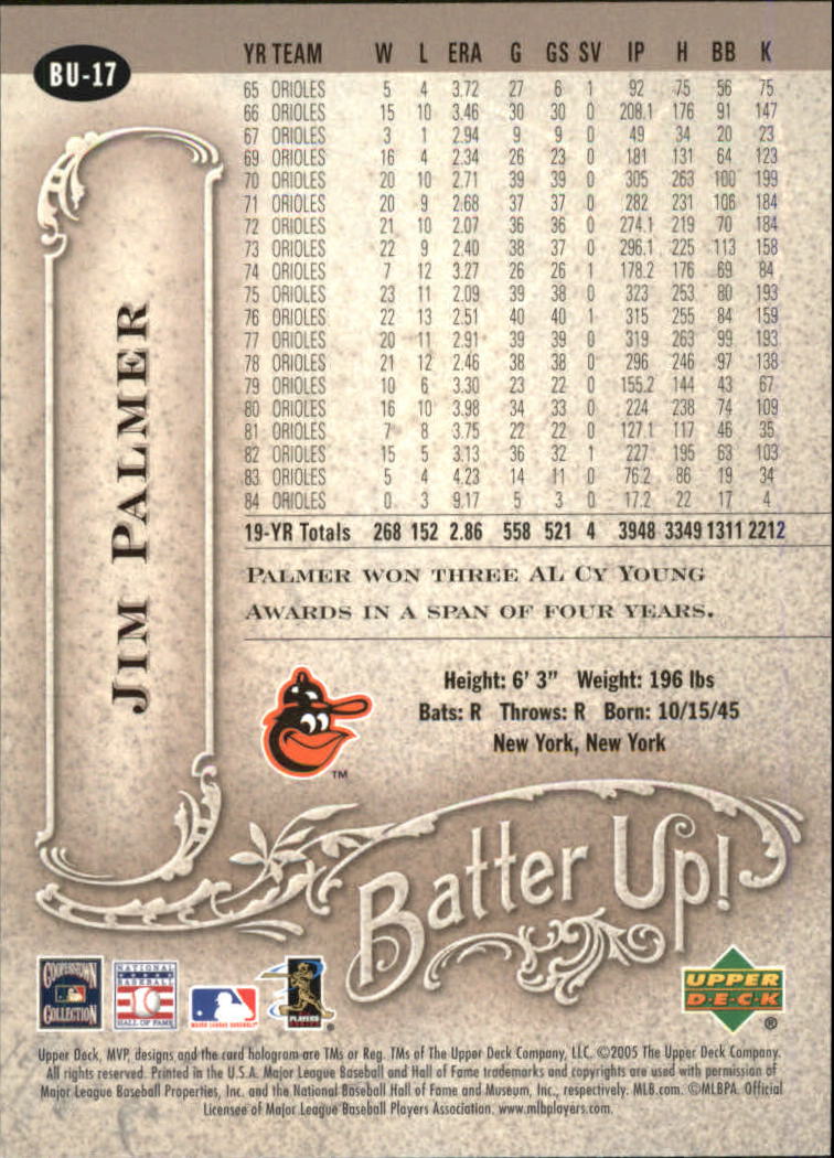 2005 Upper Deck MVP Batter Up! #17 Jim Palmer back image