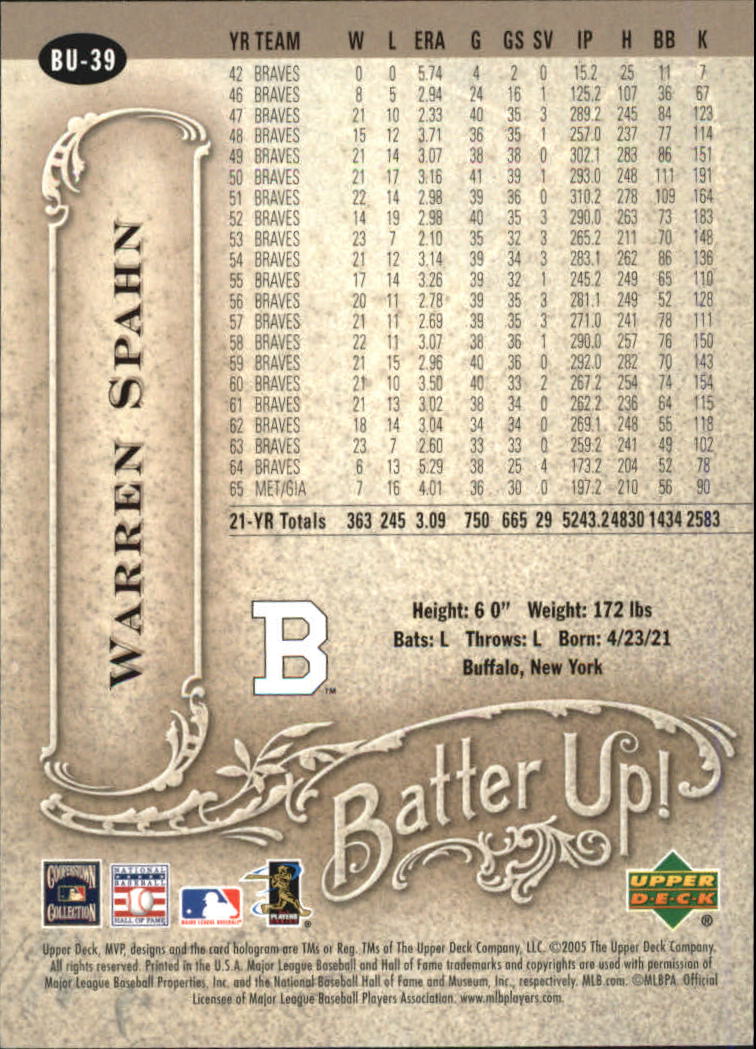 2005 Upper Deck MVP Batter Up! #39 Warren Spahn back image