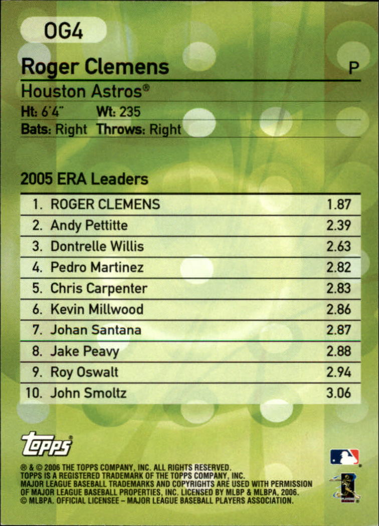 2006 Topps Own the Game #OG4 Roger Clemens back image
