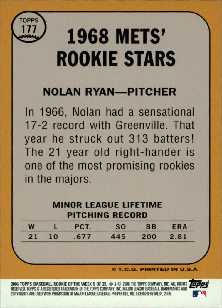 Baseball Cards, Nolan Ryan, Ryan, 2006 Topps, 1968 Topps, Mets, Rookie,  Rookie of the Week