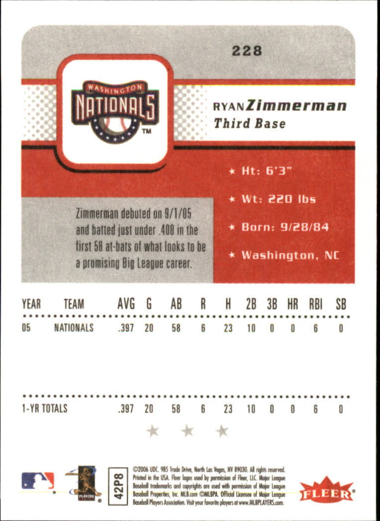 2006 Fleer #228 Ryan Zimmerman (RC) back image
