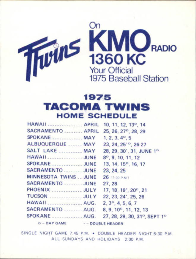 1975 Tacoma Twins KMMO #11 Tom Johnson back image