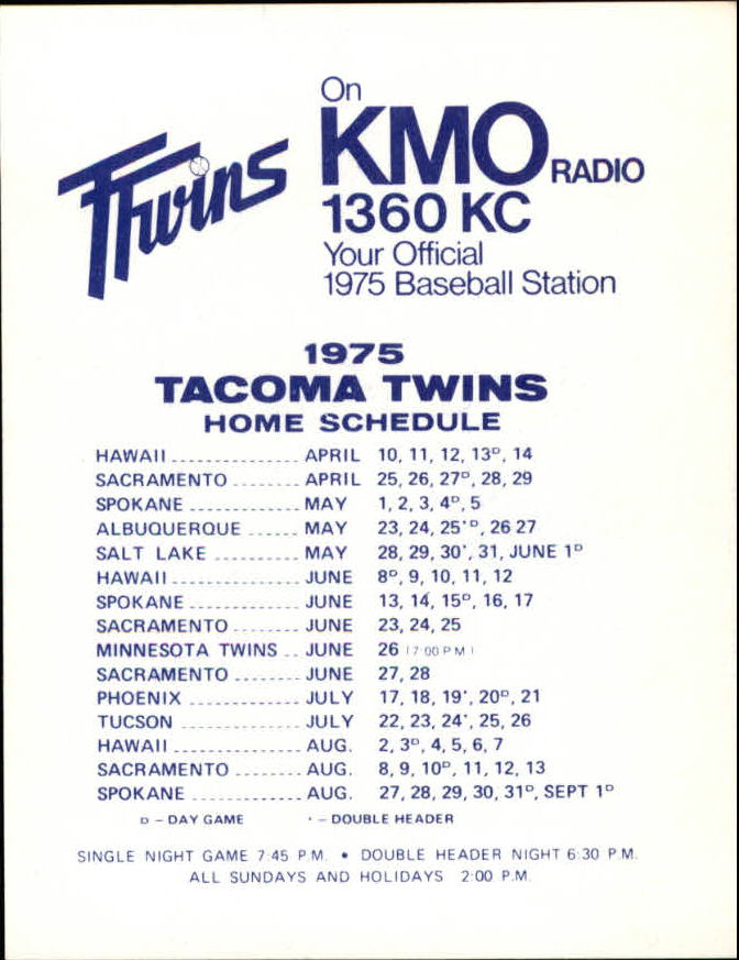 1975 Tacoma Twins KMMO #19 Tom Kelly back image