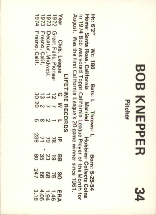 1975 Phoenix Giants Circle K #10 Bob Knepper back image
