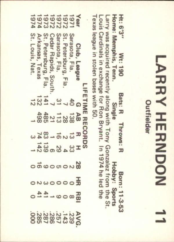 1975 Phoenix Giants Circle K #20 Larry Herndon back image