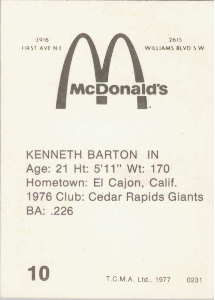 1977 Cedar Rapids Giants TCMA #10 Ken Barton back image