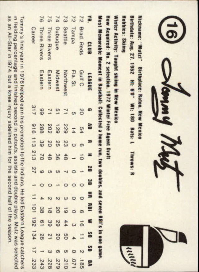 1977 Indianapolis Indians Team Issue #16 Tommy Mutz back image
