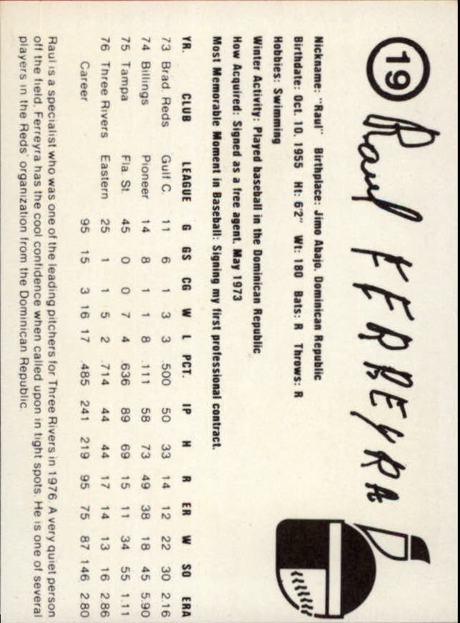 1977 Indianapolis Indians Team Issue #19 Raul Ferreyra back image