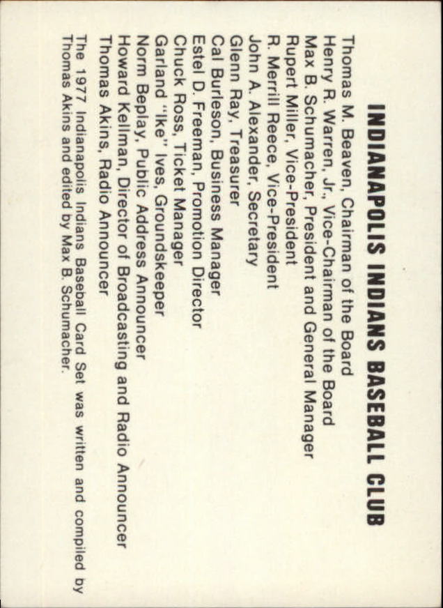 1977 Indianapolis Indians Team Issue #27 Checklist Card/(unnumbered) back image