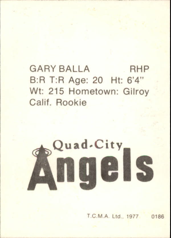 1977 Quad City Angels TCMA #2 Gary Balla back image