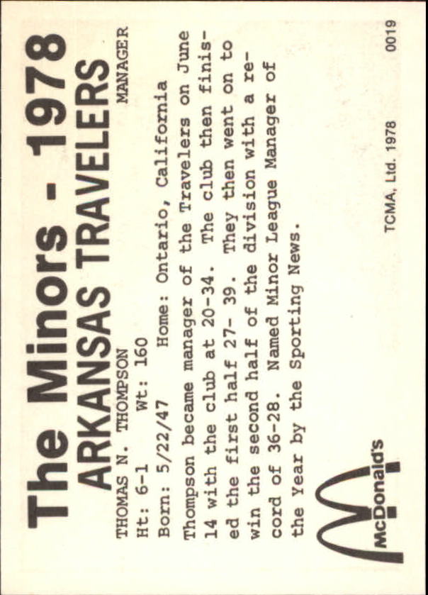 1978 Arkansas Travelers TCMA #22 Tommy Thompson back image