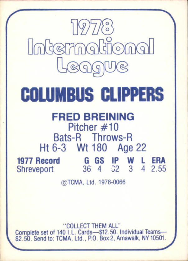 1978 Columbus Clippers TCMA #3 Fred Briening back image
