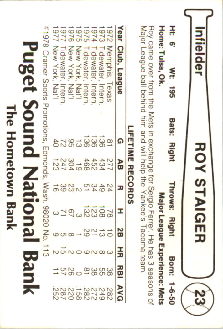 1978 Tacoma Yankees Cramer #23 Roy Staiger back image