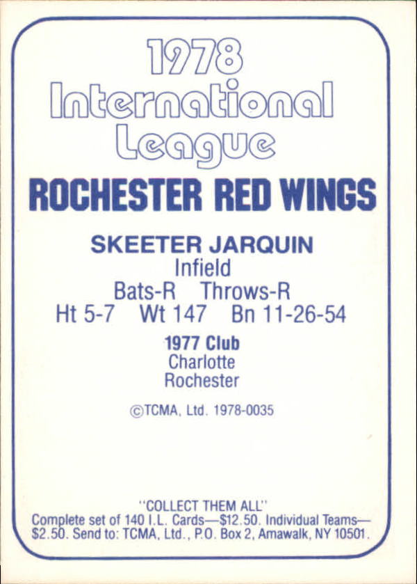 1978 Rochester Red Wings TCMA #9 Skeeter Jarquin back image