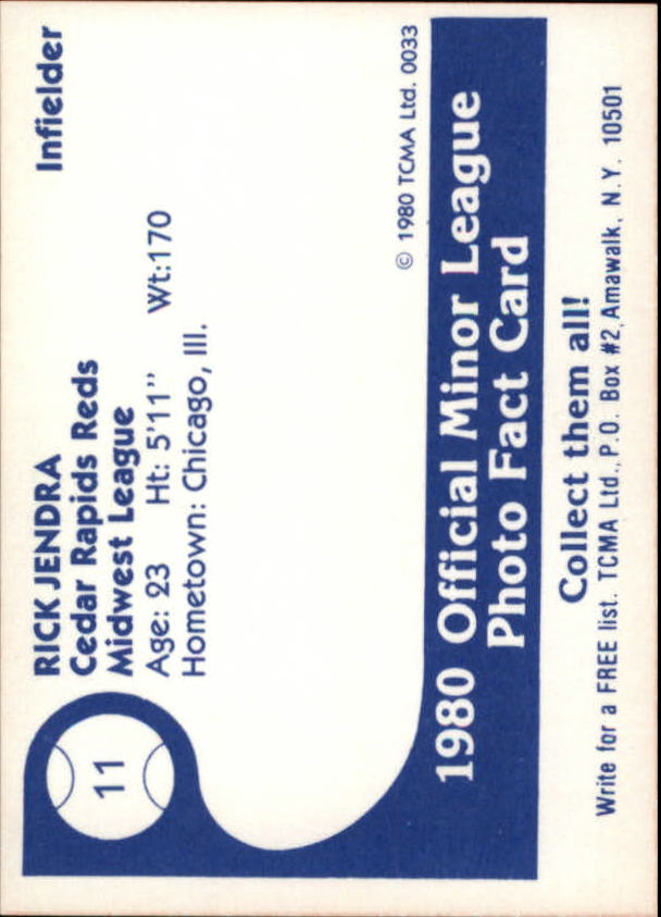 1980 Cedar Rapids Reds TCMA #11 Rick Jendra - Chicago WHITE SOX A