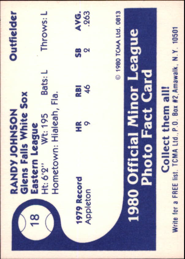 1980 Glens Falls White Sox B/W TCMA #18 Randy Johnson back image