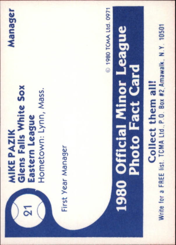 1980 Glens Falls White Sox Color TCMA #21 Mike Pazik - NM