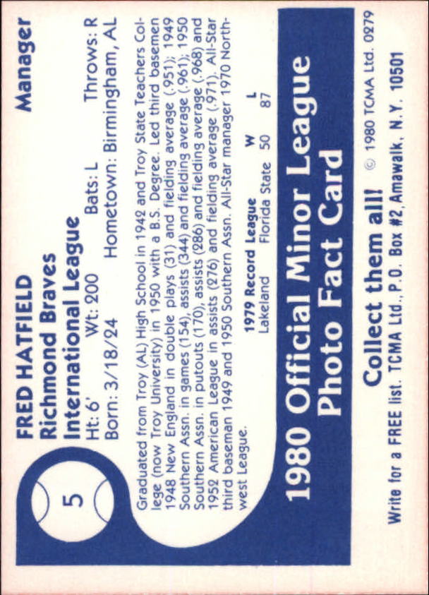 1980 Richmond Braves TCMA #5 Fred Hatfield back image