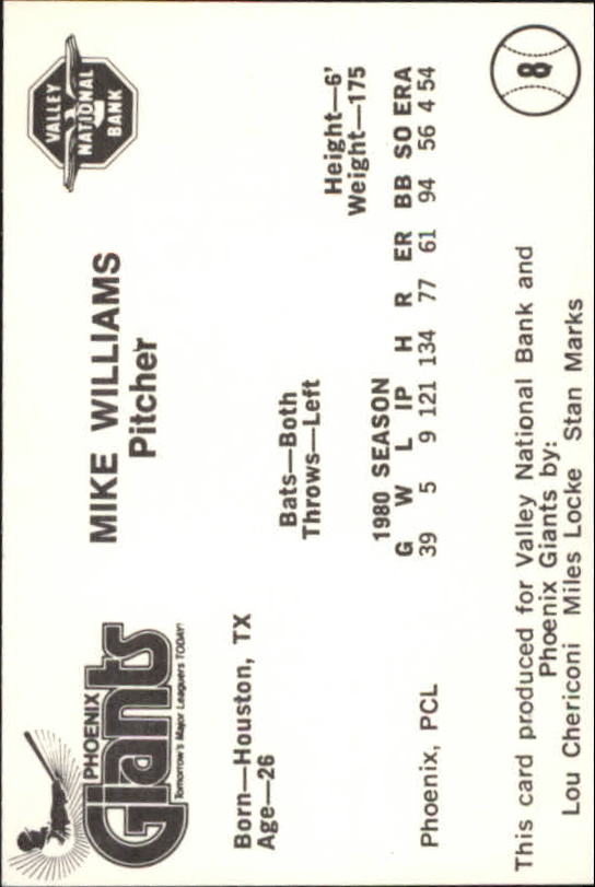 1981 Phoenix Giants Valley National Bank #8 Mike Williams back image