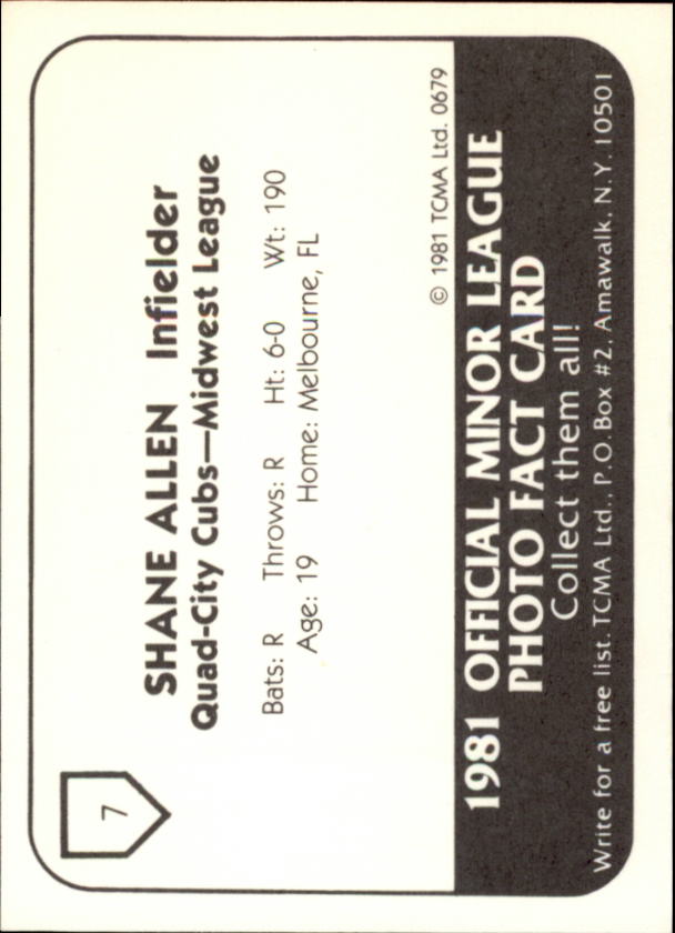 1981 Quad City Cubs TCMA #7 Shane Allen back image