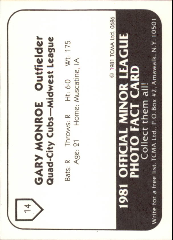 1981 Quad City Cubs TCMA #14 Gary Monroe back image