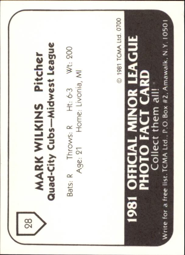 1981 Quad City Cubs TCMA #28 Mark Wilkins back image