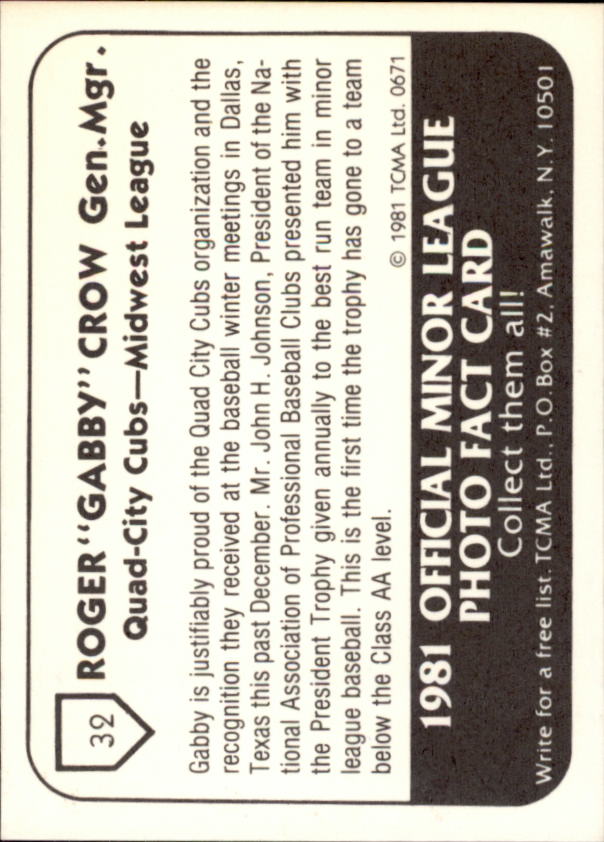 1981 Quad City Cubs TCMA #32 Roger Crow back image