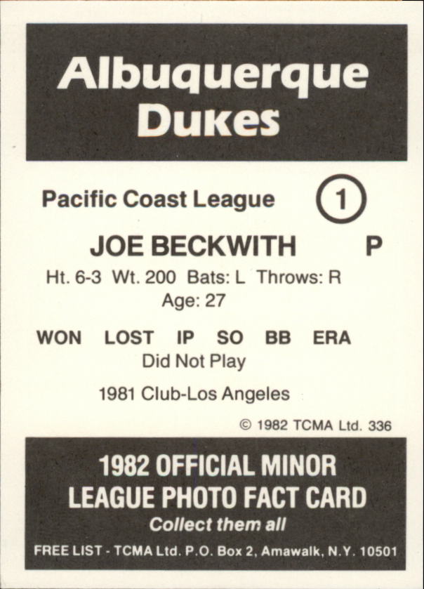 1982 Albuquerque Dukes TCMA #1 Joe Beckwith back image