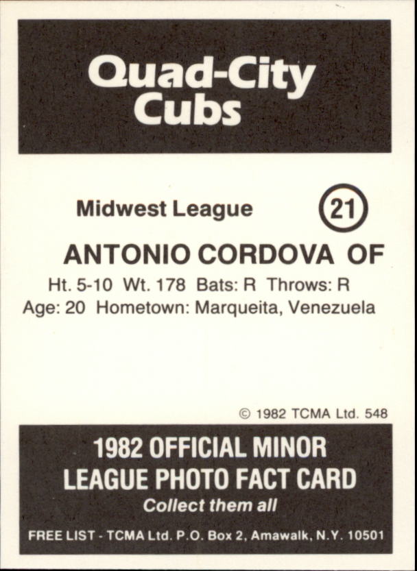 1982 Quad City Cubs TCMA #21 Antonion Cordova - EX-MT