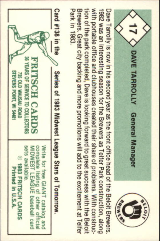1983 Beloit Brewers Fritsch #17 Dave Tarrolly GM back image