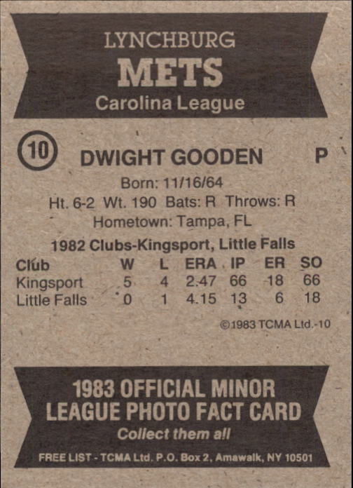 1983 Lynchburg Mets TCMA #10 Dwight Gooden back image