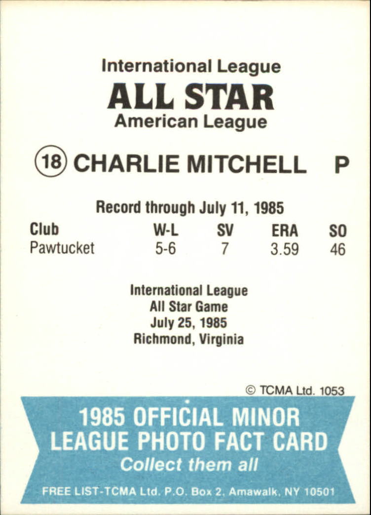 1985 International League All-Stars TCMA #18 Charlie Mitchell back image
