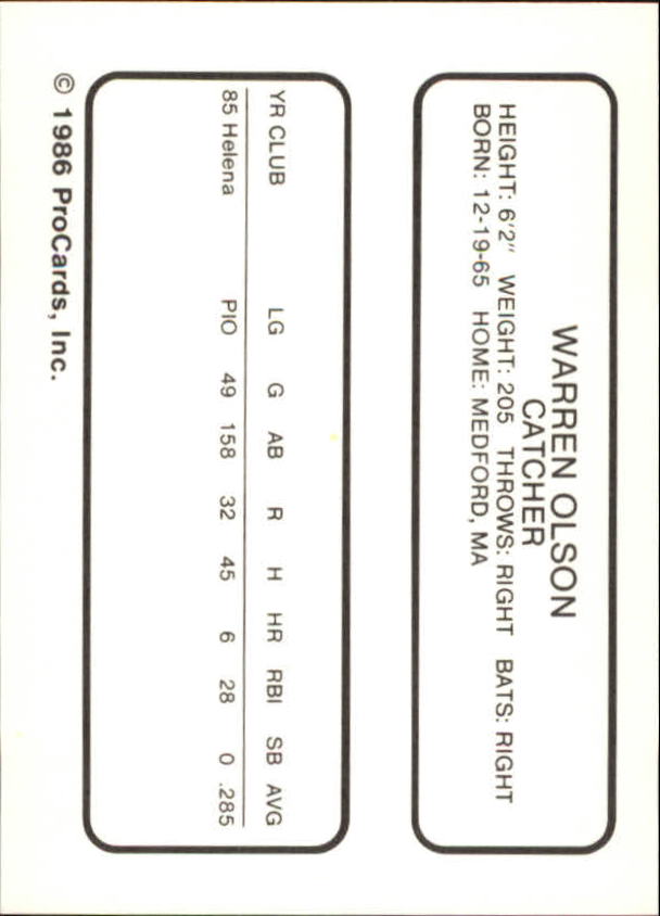 1986 Beloit Brewers ProCards #18 Warren Olson back image