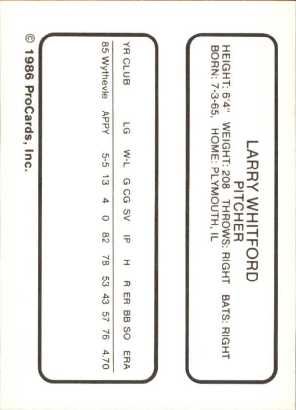1986 Beloit Brewers ProCards #26 Larry Whitford back image