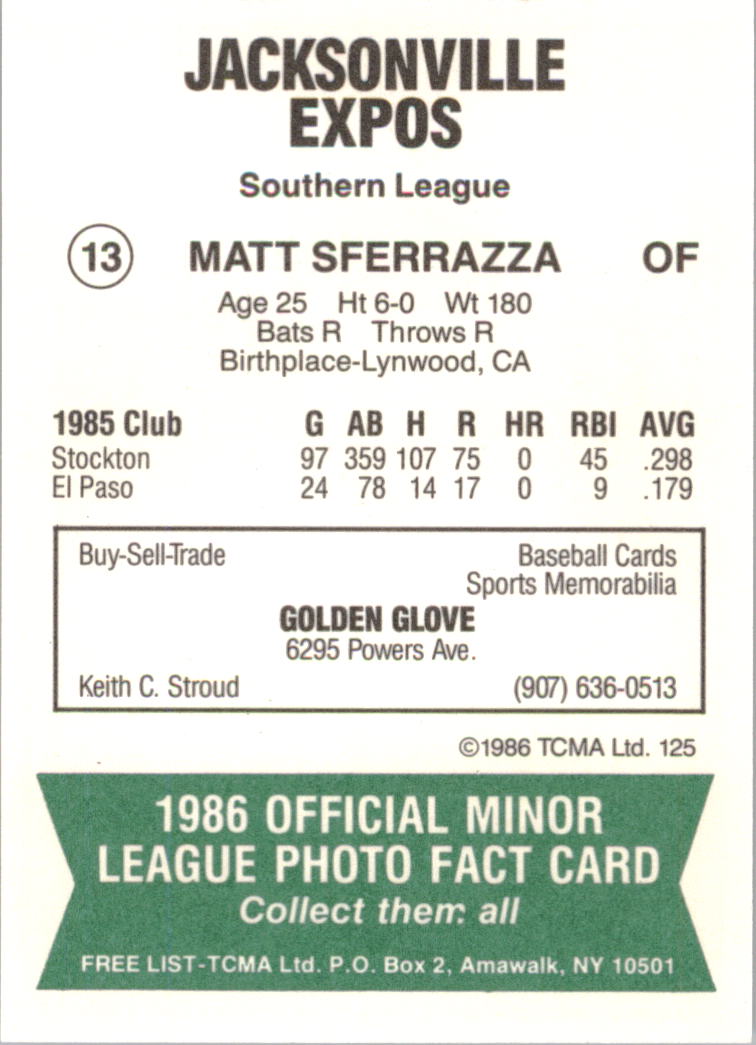 1986 Jacksonville Expos TCMA #13 Matt Sferrazza
