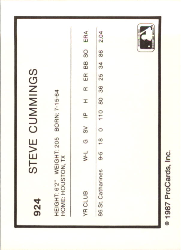 1987 Dunedin Blue Jays ProCards #924 Steve Cummings back image