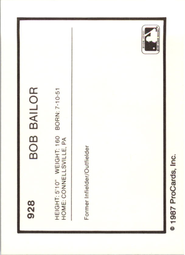 1987 Dunedin Blue Jays ProCards #928 Bob Bailor MG back image