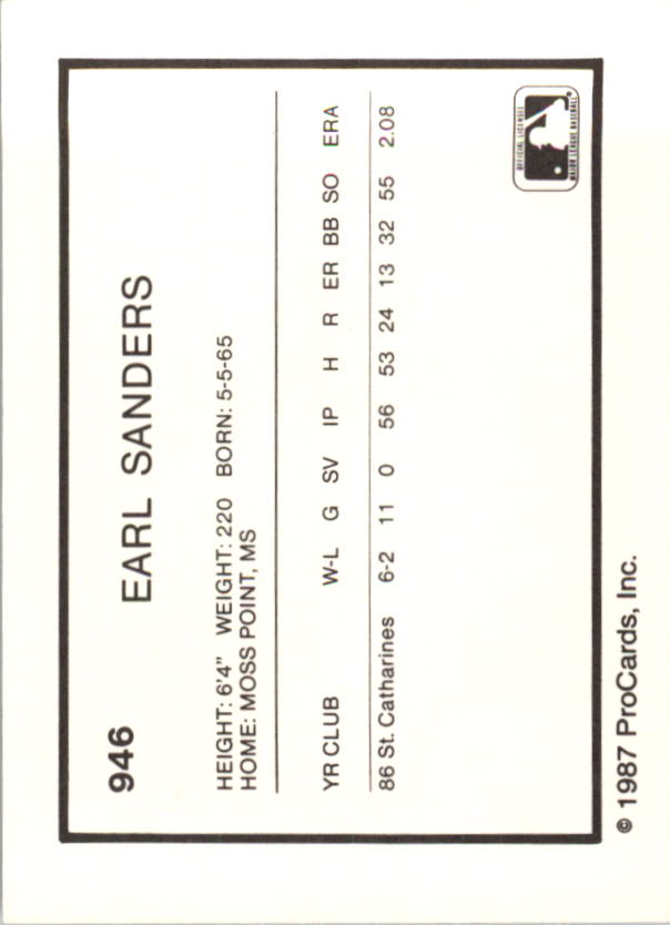 1987 Dunedin Blue Jays ProCards #946 Earl Sanders back image