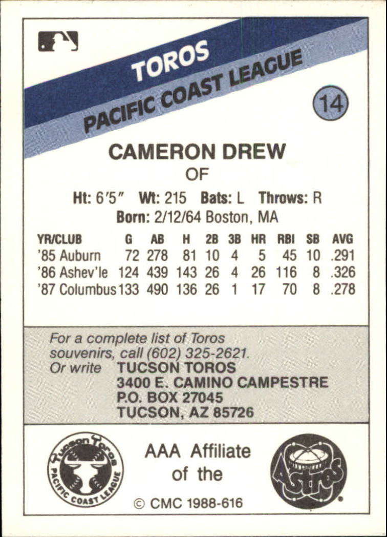1988 Tucson Toros CMC #14 Cameron Drew back image