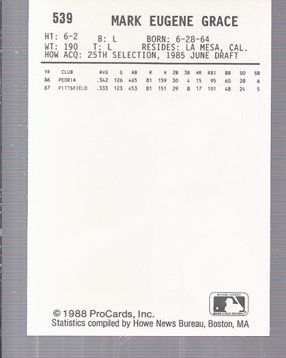 1988 Iowa Cubs ProCards #539 Mark Grace back image
