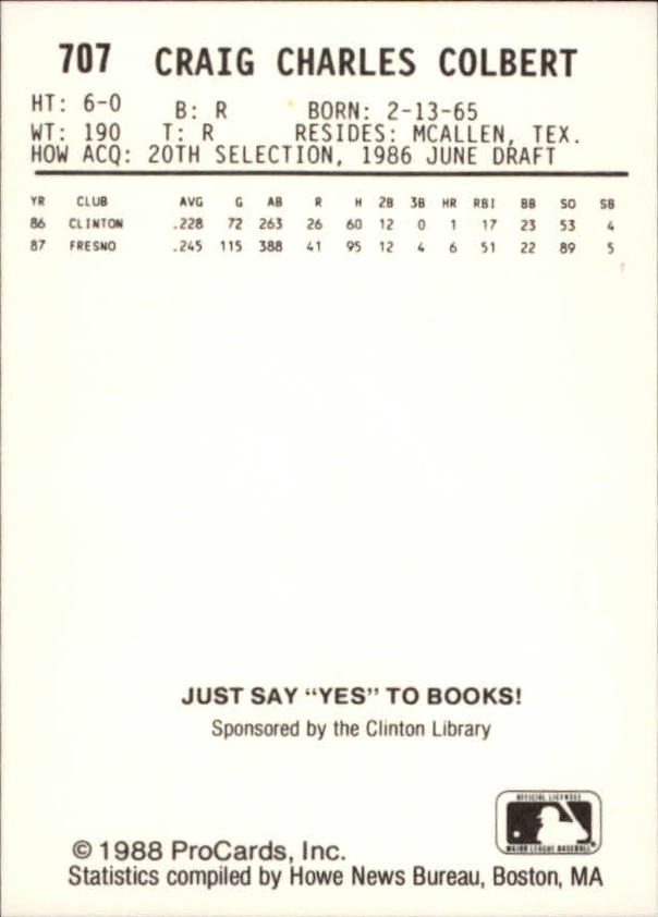 1988 Clinton Giants ProCards #707 Craig Colbert back image