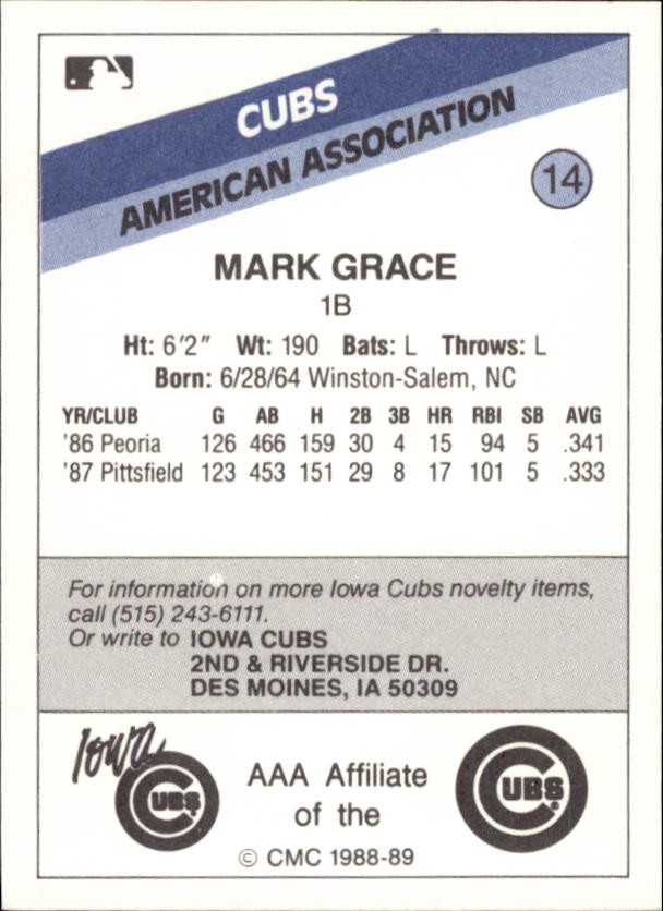1988 Iowa Cubs CMC #14 Mark Grace back image