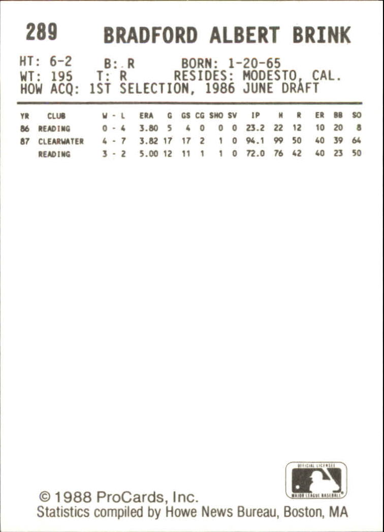 1988 Maine Phillies ProCards #289 Brad Brink back image