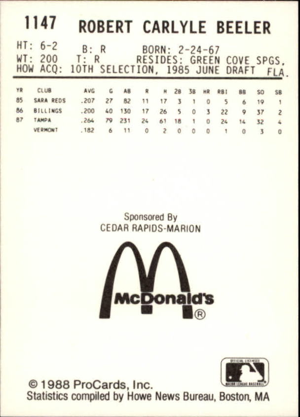1987 Tampa Tarpons ProCards #27 Pete Beeler - NM-MT
