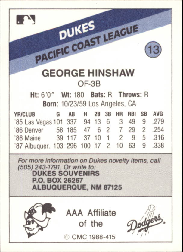 1988 Albuquerque Dukes CMC #13 George Hinshaw back image