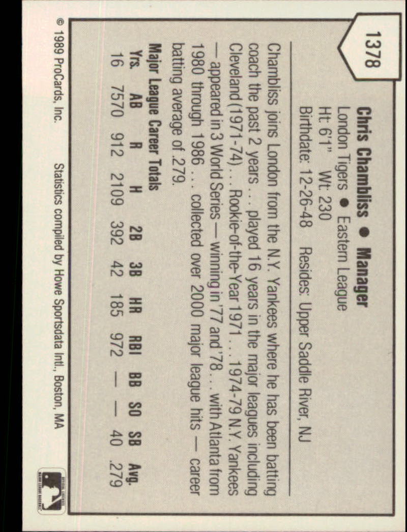 1989 London Tigers ProCards #1378 Chris Chambliss MGR back image