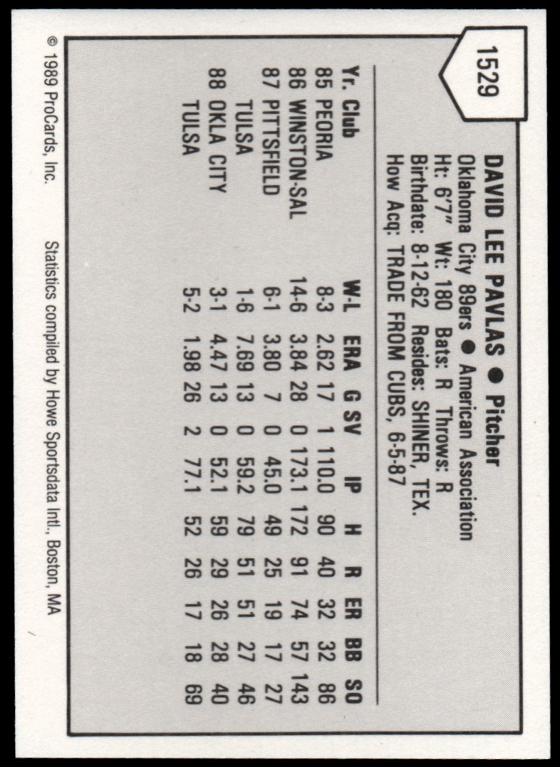 Dave Pavlas autographed Baseball Card (Oklahoma City 89ers) 1989 ProCards  #1529 Minor League Rookie - Baseball Slabbed Autographed Cards, Sports  Souvenirs -  Canada
