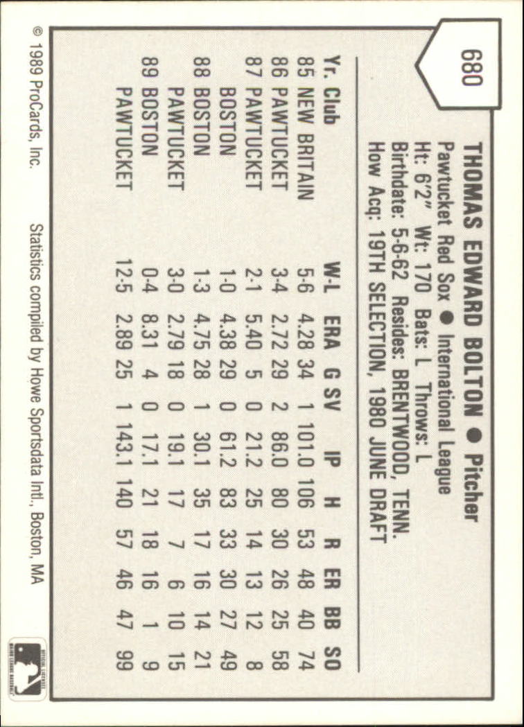 1989 Pawtucket Red Sox ProCards #680 Tom Bolton back image