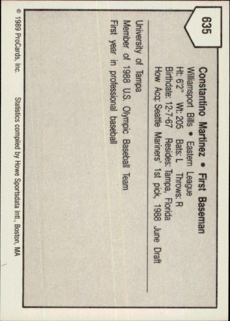 1989 Williamsport Bills ProCards #635 Tino Martinez back image